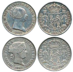 Spain, Isabel II, Silver 10 Reales and Escudo, rev. crowned arms, pillars and value below 