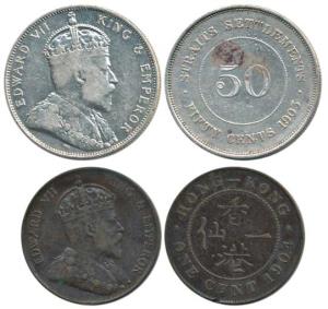 Strait Settlements, Edward VII, Silver 50 Cents, 1903; Hong Kong, Edward VII, Copper Cent,