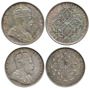 Strait Settlement, Edward VII, Silver Dollar (2), 1904 and 1907, rev. artistic design with