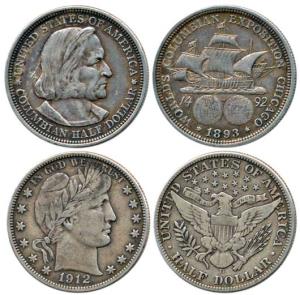 United States of America, Silver Barber ½ Dollar (2),laureate head to right, heraldic eagl