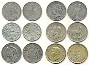 Assorted Silver Crowns (6), Iran 5000 Dinars (5 Kran), 1320; Mexico, 8 Reales, Mexico City