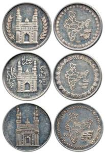 Silver 3 different, Hyderabad's Char Minar on obv., Map of India on rev. with legend Mera 