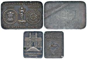Silver Bar (2), Devkaran Nanjee, 100g, Ashoka pillar with I G Mint, Bombay around it, Godd