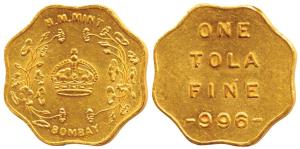 Bombay Mint Token, Gold 1 Tola, H M Mint crown within wreath and Bombay below on obv., 1 T