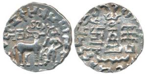 Kunindas, Amoghabhuti (c. 200 BC), Silver Drachma, obv. deer standing to right with goddes