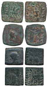 Indo-Greek, Apollodotus II, Copper Obol, obv. Apollo standing with quiver, Greek legend Ba
