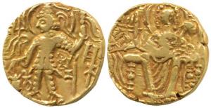 Kidara Kushanas, Shaka (c. 320-350 AD), Gold Dinara, obv. king nimbate, standing left, hol