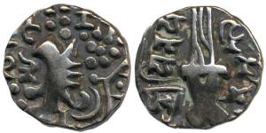 Karkotakas of Kashmir, Vinayaditya, Base Gold, 7.5 g, seated goddess with legend on obv.; 