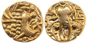 Karkotakas of Kashmir, Pratapaditya, Base Gold, 7.5 g, seated goddess with legend on obv.;