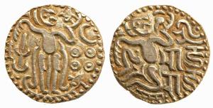 Imperial Cholas, Rajaraja I, (985-1014 AD), Base Gold Kahavanu, king reclining on mat with