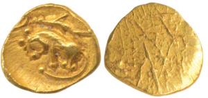 Imperial Cholas, perhaps a Chola ruler, Gold Fanam, Uniface, fish over curly lion on obv. 