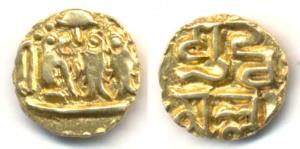 Imperial Cholas,Raja Raja I, Gold 1/8 Kahavanu, obv. two stylised vertical fish flanked by