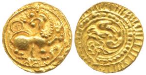 Kadambas of Hangal, Toyimadeva (1048-1075 AD) Gold Pagoda, lion advancing right with its h