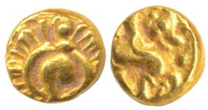 Kadambas of Hangal, Anonymous, Gold Fanam, beautiful depiction of seated hanuman with orna