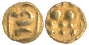 Chalukyas of Kalyani, Gold Fanam, a lion to left on obv; Kannada letter Pra or Pri on rev.