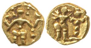 Hoysala, Gold Fanam, obv. four armed standing Vishnu; rev. Garuda. Very Fine+, Very Rare.