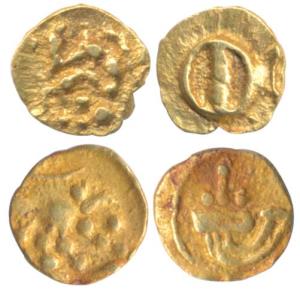 Hoysala, Gold ¼ Fanams (2), rare varieties with unlisted symbols. Very Fine+, Rare. (2)