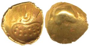 Hoysalas, Gold Fanam, scyphate shape, Kali, rev. globule. Rare.