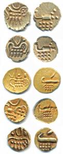 Hoysalas, Vira Raya Gold Fanam (5), obv. stylized lion standing right with crescent above;