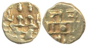Vijayanagar Sadashiva Raya, Gold Fanam, Shiva and Parvati seated, rev. Nagari legend Sri S