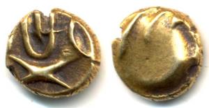 South India, Uncertain Fanam, obv Vishnu’s head tilak-gandha; rev. globule. Very Fine, Sca