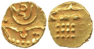 Marathas, Tanjavore, Venkoji, Gold Fanam, Ve on obv., degenerate crocodile on rev. (M&W T1