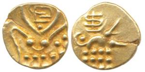 Marathas, Tanjavore, Venkoji, Gold Fanam, Vam on obv. instead of Ve, degenerate crocodile,