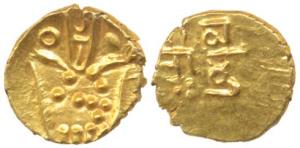 Marathas of Tanjavore, Gold Fanam, Kali to right, rev. Rama Rau. Extremely Fine, Scarce.
