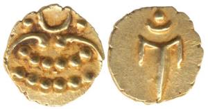 Marathas, Tanjavore, Venkoji, Gold Fanam, Katar on obv., degenerate Kali on rev. (M&W T3, 