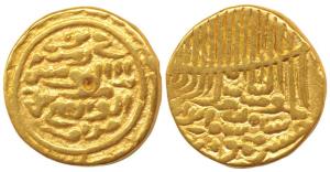 Hussain Shah (1458-1479 AD), Gold Tanka, fi zaman type, Tughra style of calligraphy on rev