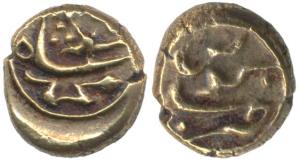 Muhammad Shah, Gold ½ Pagoda, Guty Mint, mint name in two lines on rev., complete name of 