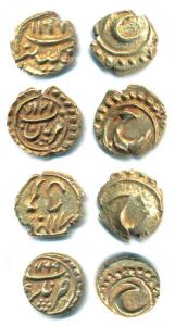 Tipu Sultan, Gold Fanam (4), Farrukhi, Nagar, Kalikut and Patan Mints, all with complete m