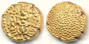 Negapatnam Gold Pagoda, 3.36g, Lazy J with Lord Vishnu standing, facing front on obv., gra