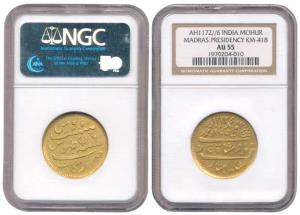 Arkat Mint, Gold Mohur, Madras Mint, in the name of Alamgir II, AH 1172/6, AD 1817, closed