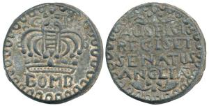 Bombay Tin 2 Pice, 28.63g, large crown and BOMB written below on obv., AUSFICIO/REGI SET/S