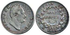 William IV, Silver ½ Rupee, 1835, RS incused, 21 Berries. Fine+, Rare.