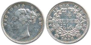 Victoria Queen, Silver ¼ Rupee, 1840, English head, 20 Berries. Cleaned.