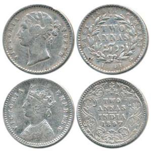 Victoria Queen and Empress, Silver 2 Anna, 1841, divided legend, WW raised, 9 Berries and 