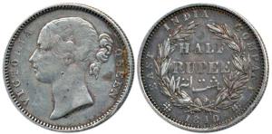 Victoria Queen, Silver ½ Rupee, 1840, divided legend, ’S’ raised, WW incused, 24 Berries. 