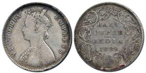 Victoria Empress, Silver ½ Rupee, 1889, A / II / ’B’ raised. Fine+.