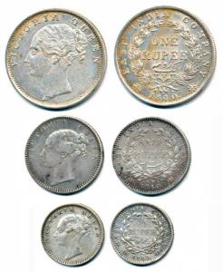 Victoria Queen, Silver Rupee, 1840, English head modified features, 35 Berries; ½ Rupee, 1