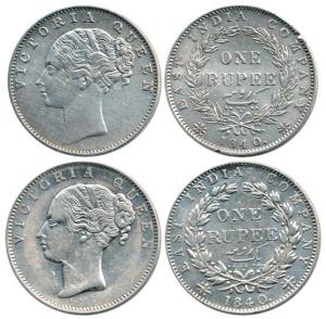 Victoria Queen, Silver Rupee, 1840, continuous legend, English head, 19 Berries and Indian