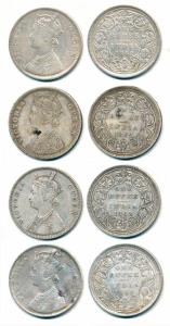 Victoria Queen, Silver Rupee, 1862, A / II / 0 / 4, A / II / 0 /6, B / II / 2 / 0, C / II 