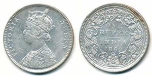 Victoria Queen, Silver Rupee, 1862, A / II / 0 / 4; A / II / 0 / 10. Cleaned. Fine+,
