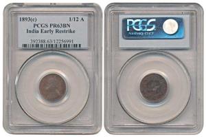 Victoria Empress, Proof Copper, 1/12 Anna 1896. Slabbed and graded by PCGS as PR 63, Proof