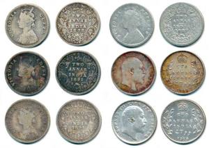 Victoria Queen, Empress and Edward VII, Silver 2 Annas (6), 1875, 1887, 1891, 1894, 1906, 