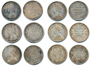 Victoria Queen and Empress, Silver 2 Annas, Bombay Mint, 1877, 1882, 1887, 1889; Calcutta 