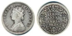 Victoria Empress, Silver 2 Anna, 1878, Calcutta Mint, B / II. Fine+, Scarce.