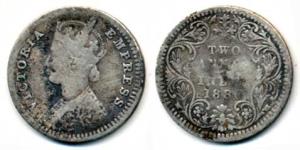 Victoria Empress, Silver 2 Anna, 1880, Calcutta Mint. Fine, Rare.
