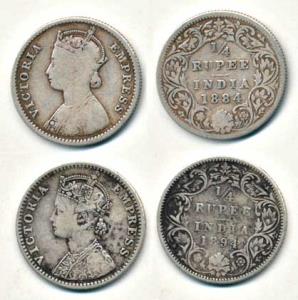 Victoria Empress, Silver ¼ Rupee, 1884, B / I / ’B’ raised; 1894, C / I / ’B’ incused. Fin